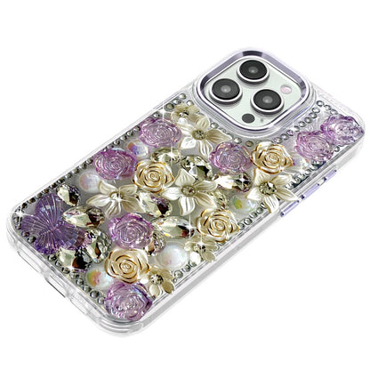 For Apple iPhone 15 Pro Max 3D Diamond Floral Roses Flower Bling Stone Hybrid, Sparkly Rhinestone Gemstone Back Shockproof Case Cover Green