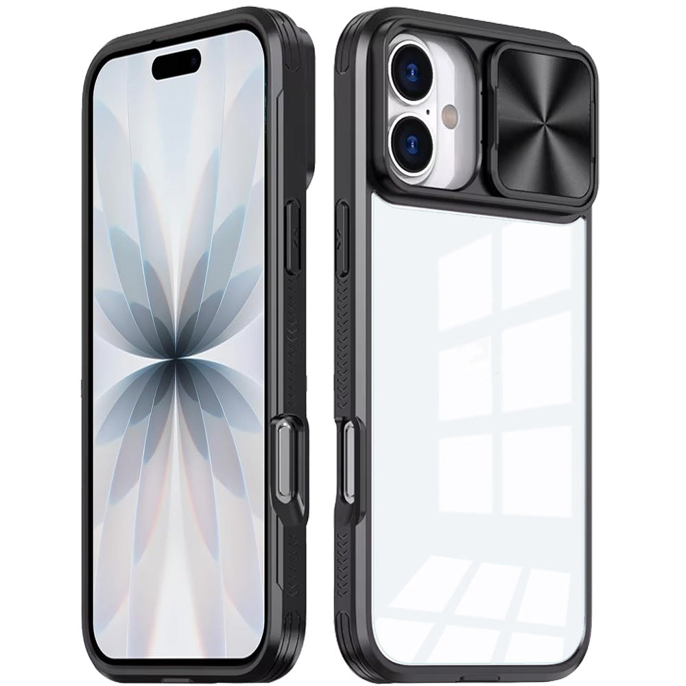 For Apple iPhone 17 (6.3") Hybrid Cases with Sliding Camera Cover Transparent Shockproof Bumper TPU Protective Case Cover Black