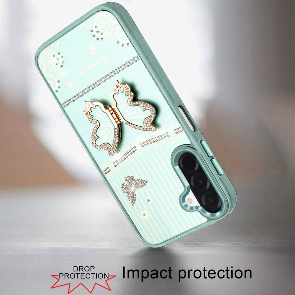 For Samsung Galaxy A17 5G Glitter 3D Butterfly Design Bling Metallic Edge Hybrid Stand Drop Protection TPU Shockproof Case Cover