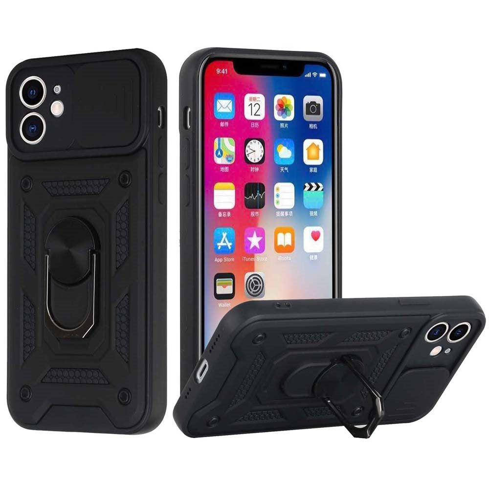 For Apple iPhone 17E /16E Hybrid Case with Slide Camera Lens Cover, Ring Kickstand, Heavy-Duty Dual Layer TPU, Fit Magnet Car Mount Case Cover