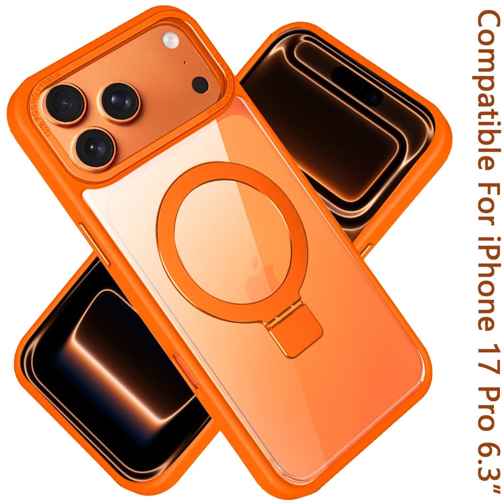 For Apple iPhone 17 Pro (6.3") Magnetic Metal Matte with Built-in MagSafe Stand, Hybrid Shockproof Armor, TPU Frame Case Cover Cosmic Orange