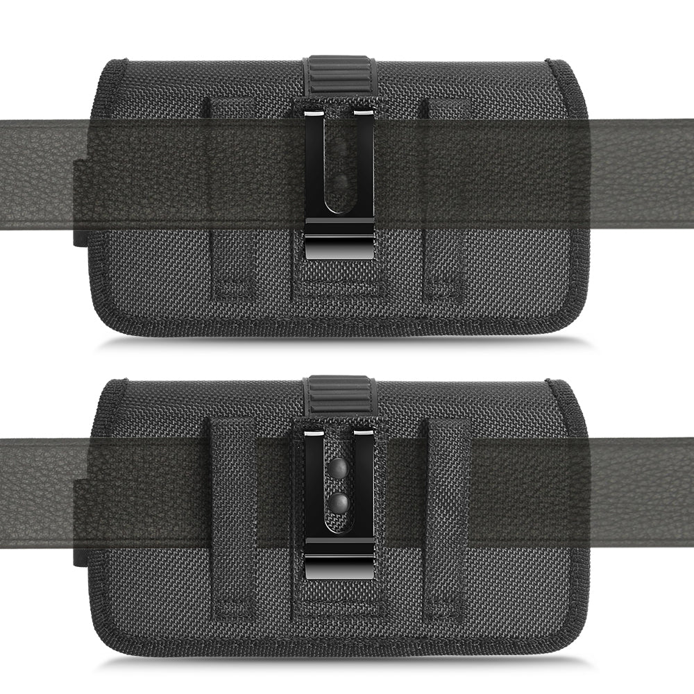 For Apple iPhone 16 Pro (6.3") Universal Horizontal Nylon Phone Case Carrying Pouch Cover with Card Storage Pocket & Belt Clip Loop Holster Front Grip [Black]