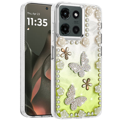 For Motorola Moto G Power 5G 2025 Bling Fashion Design with 3D Pearls Epoxy Glitter Ornaments Chrome Edge Hard Slim PC Case Cover