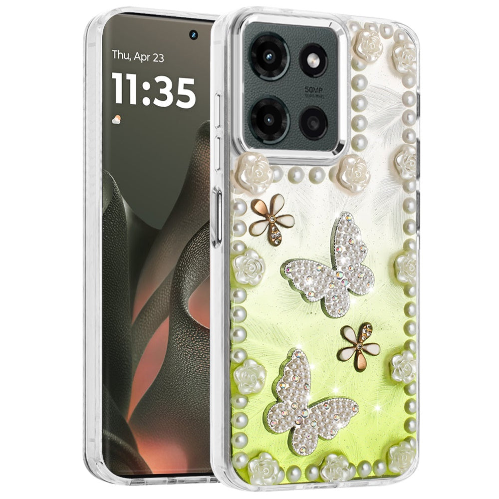 For Motorola Moto G Stylus 5G 2025 Bling Fashion Design with 3D Pearls Epoxy Glitter Ornaments Chrome Edge Hard Slim PC Case Cover