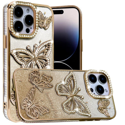 For iPhone 14 Pro Max (6.7") Luxury Butterfly Sparkle Glitter Diamond Crystal Rhinestone Shimmer Bling Plating Thick TPU Hard PC Case Cover