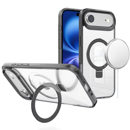 For Apple iPhone 17 Air (6.6") Transparent Magnetic Ring Circle Stand with MagSafe Compatible Hybrid Dotted Edged Hard PC Shockproof Case Cover Black