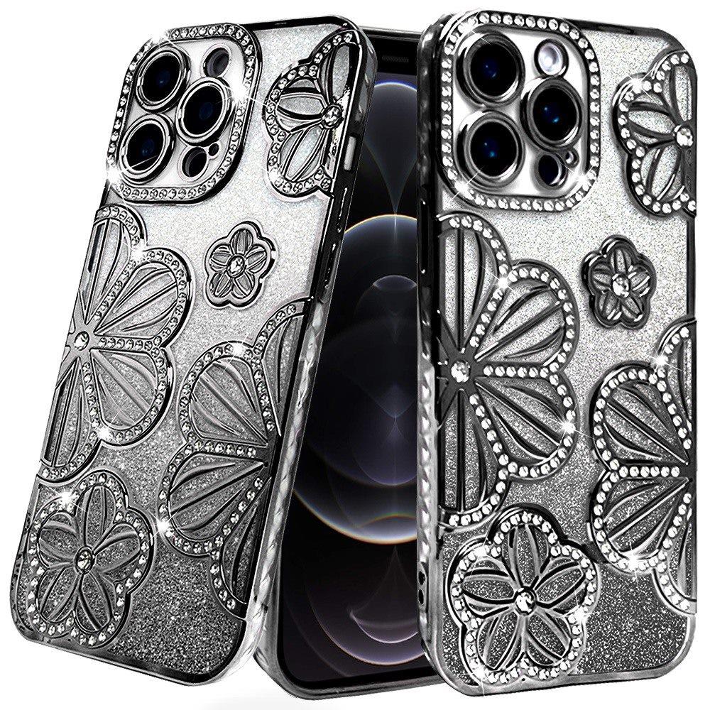 Phone Case for Apple iPhone 12 Pro Max Shimmer Glitter Floral Thick TPU Shockproof Durable Grip Camera Protection Anti-Scratch Stylish Design Cover Black