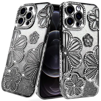 Phone Case for Apple iPhone 12 Pro Max Shimmer Glitter Floral Thick TPU Shockproof Durable Grip Camera Protection Anti-Scratch Stylish Design Cover Black