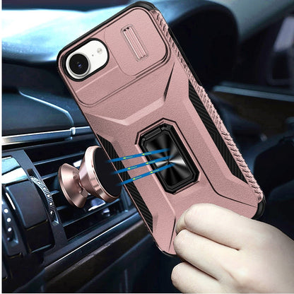 For Apple iPhone 17E /16E Case, Camera Cover with Magnetic Rotation Ring Stand, Military Grade Hybrid Hard TPU Shockproof Case Cover Rose Gold