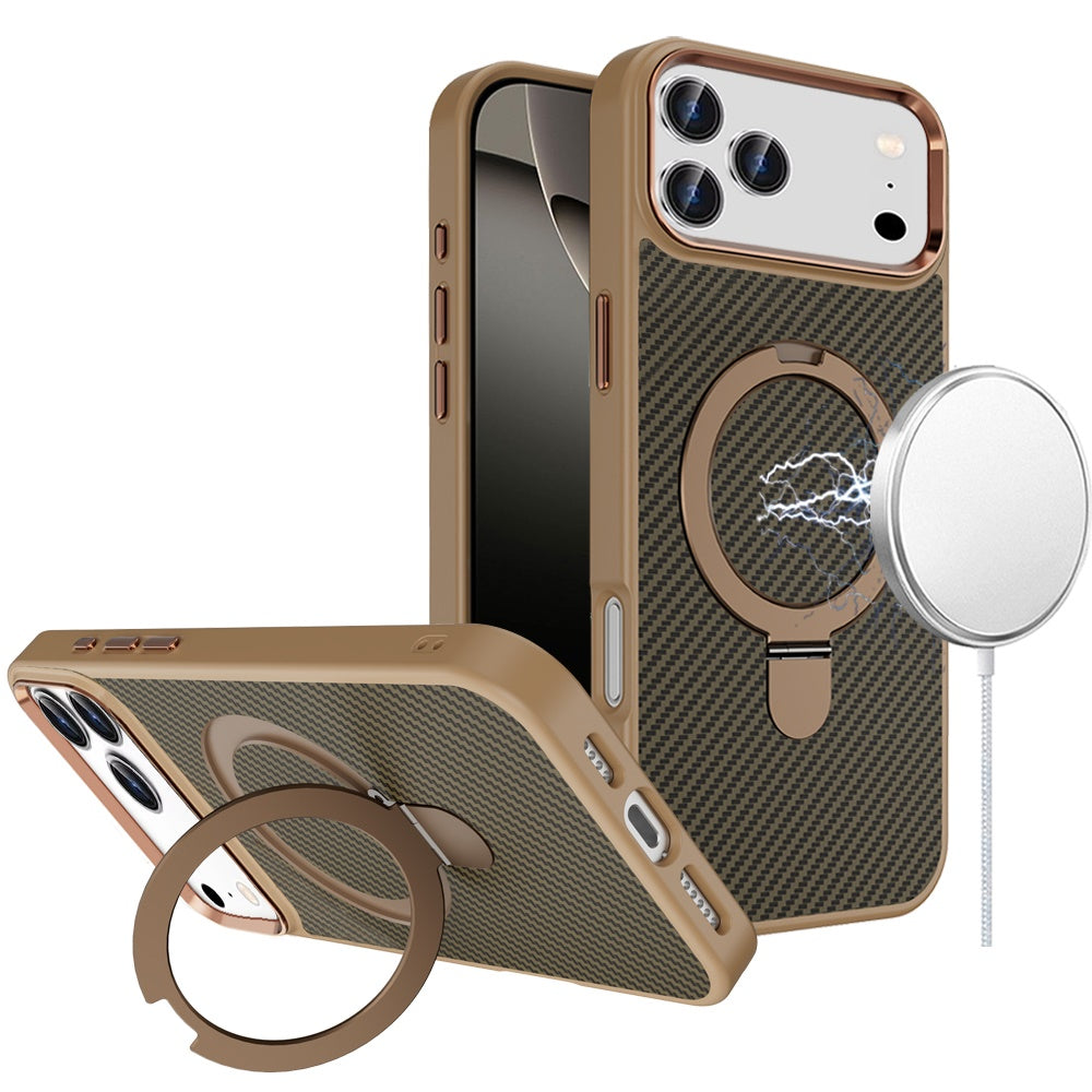 For Apple iPhone 17 Pro Max (6.9") Hybrid Carbon Fiber Design with MagSafe Compatible [Magnetic Circle], Ring Stand Shockproof Slim TPU Case Cover Brown