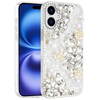 For Apple iPhone 17 (6.3") Fashion Rose Flower Floral, 3D Bling Crystal Full Diamonds Pearl Sparkle Rhinestone Glitter Hybrid Case Cover