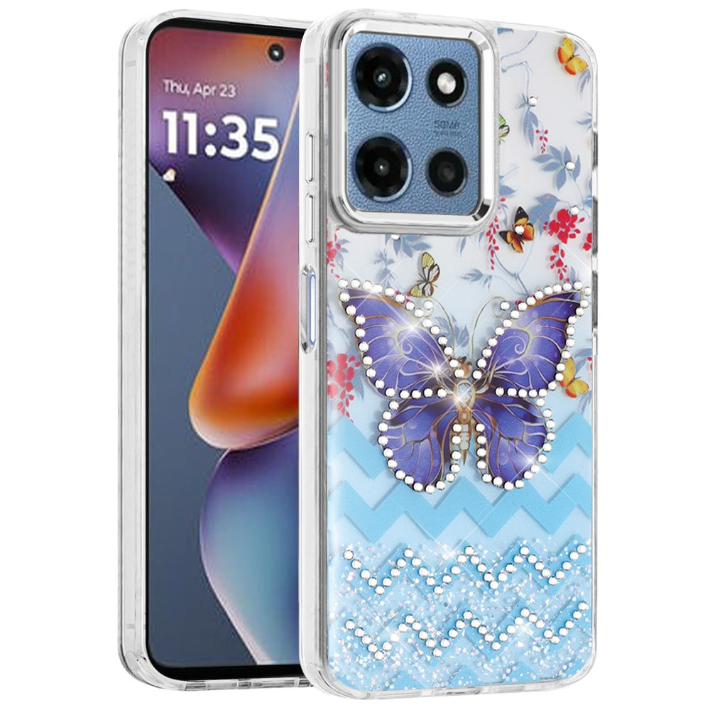 For Motorola Moto G Play 5G 2026 Butterfly Resin Epoxy Diamond Design Metal Edged Hybrid Shockproof Heavy Duty Drop Protection Case Cover