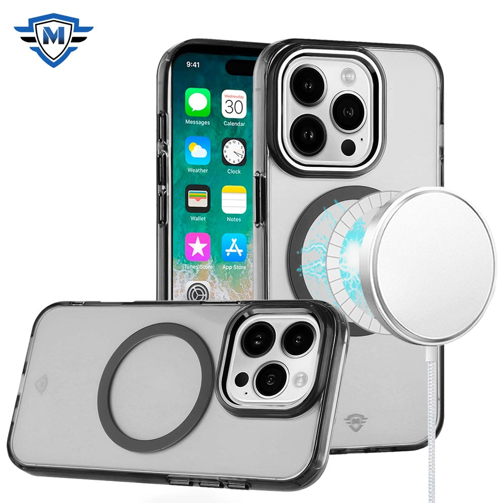 For Apple iPhone 16 Plus (6.7") Transparent Back Hybrid Case - Magnetic Circle, Color Frame, Metal Buttons, MagSafe Compatible Case Cover