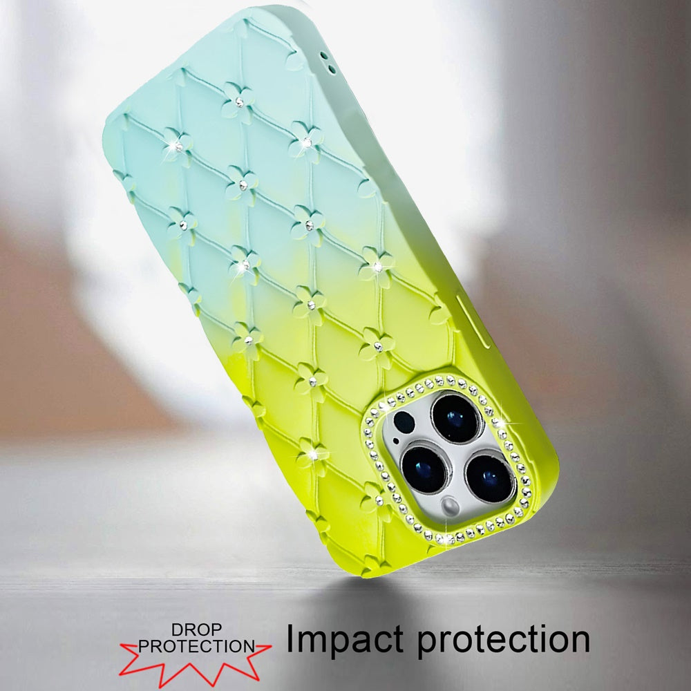For Apple iPhone 13 Pro Max Fashion Flower Design Sparkle Glitter Shimmer Rhinestone Bling Floral Accents, Leather Texture TPU Case Cover Light Green/Teal