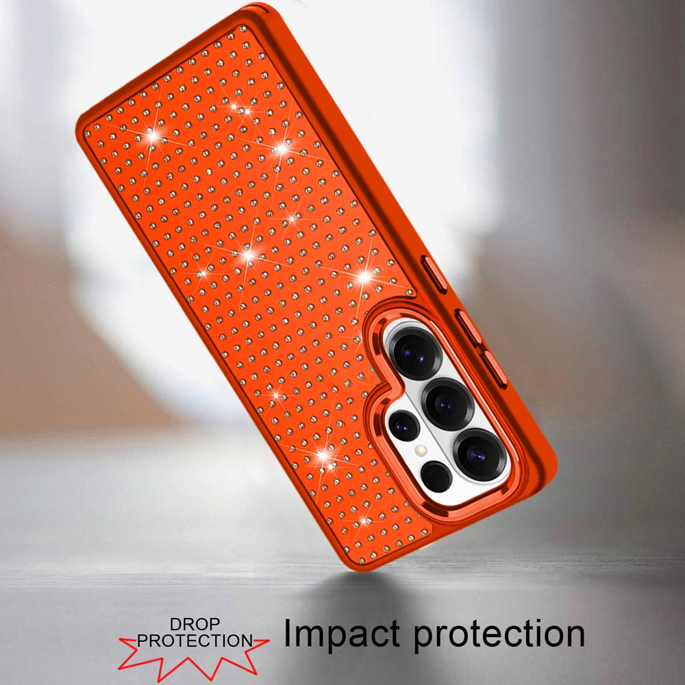 Phone Case for Samsung Galaxy S25 Ultra Luxury Diamond Bling Sparkle Chrome Metallic Edge Shockproof Durable Protective Stylish Premium Hybrid Design Cover Cosmic Orange