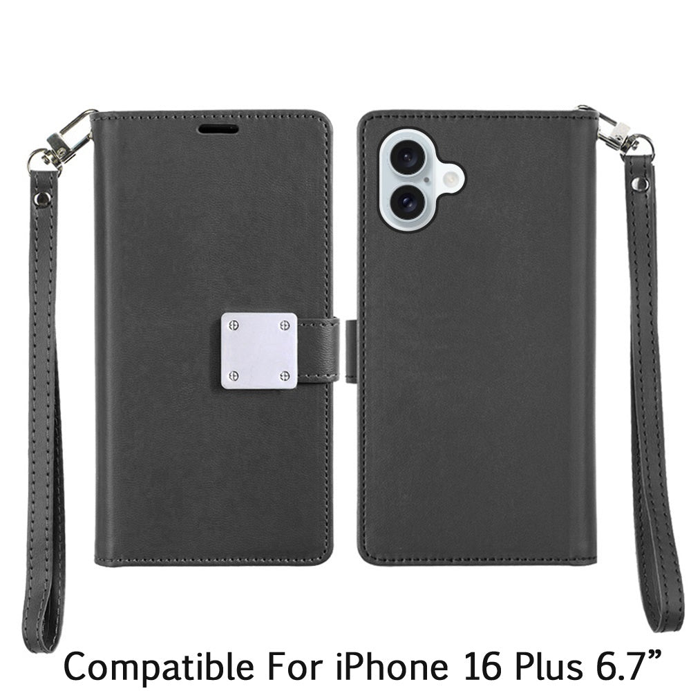 For Apple iPhone 16 Plus Wallet Cases PU Leather with Credit Card /ID /Cash Holder Slot Dual Flip Book Pouch, Stand and Strap Case Cover Black