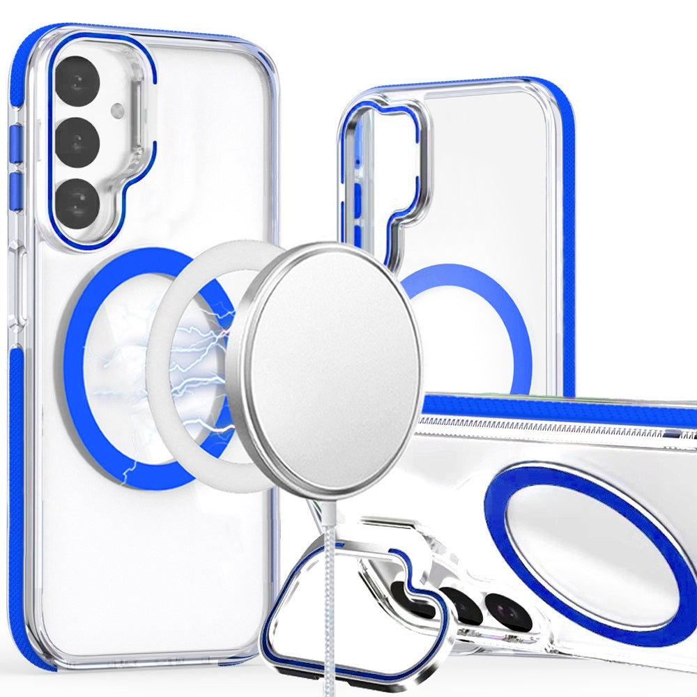 For Samsung Galaxy A17 5G Hybrid Clear Back Case with Invisible Camera Bracket Stand, MagSafe Magnetic Circle, Shockproof Color Frame Case Cover Blue