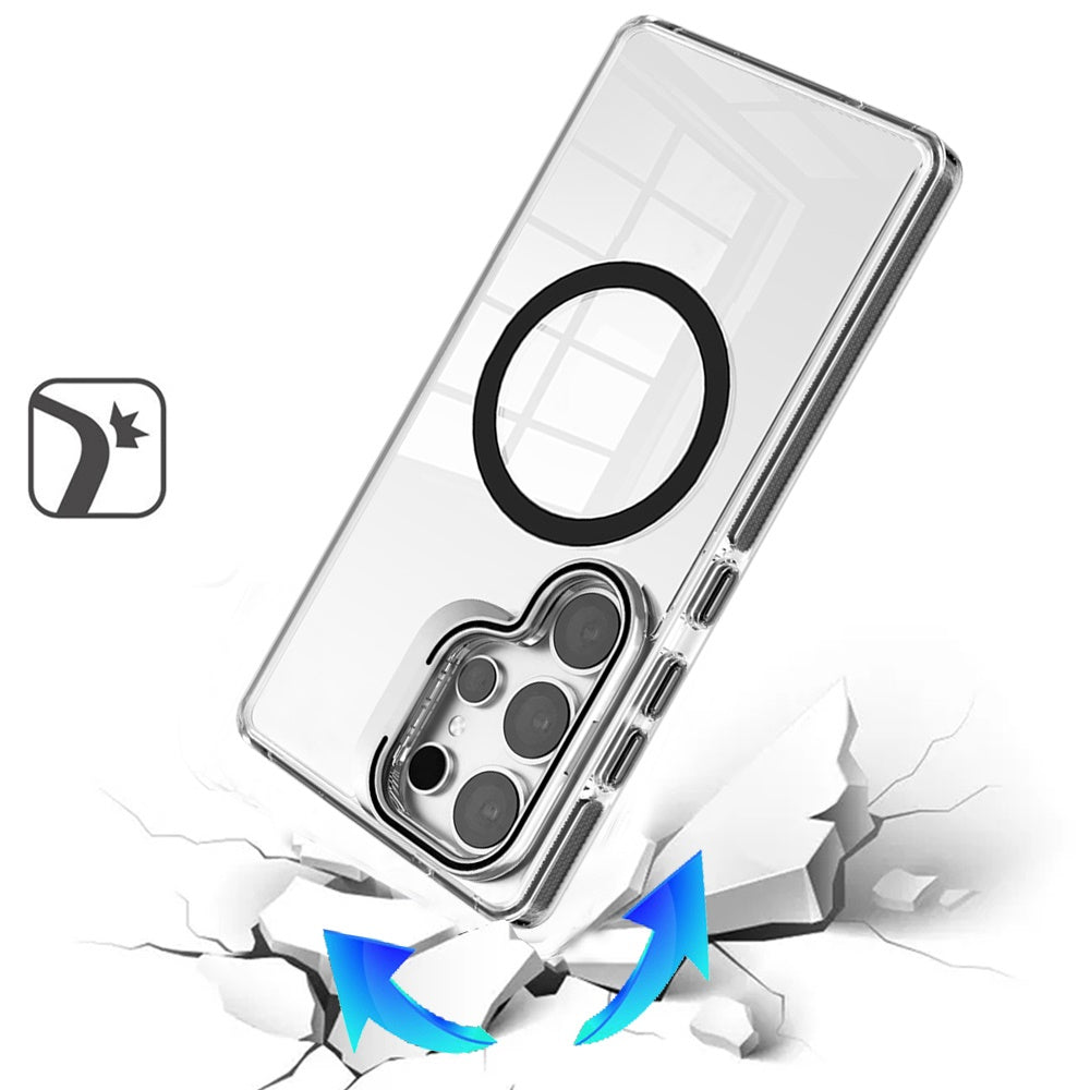 For Samsung Galaxy S26 Ultra Built-in Camera Kick-Stand, Compatible with MagSafe, Transparent Colorful Edged Tough Hybrid TPU Case Cover Clear Black