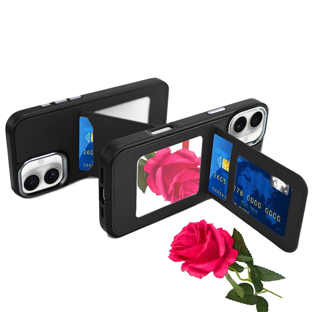 For Apple iPhone 17 (6.3") PU Leather Wallet Cover with Credit Card Holder, Kickstand & Mirror Inside Slim Fit TPU & PC Hybrid Design Case Cover