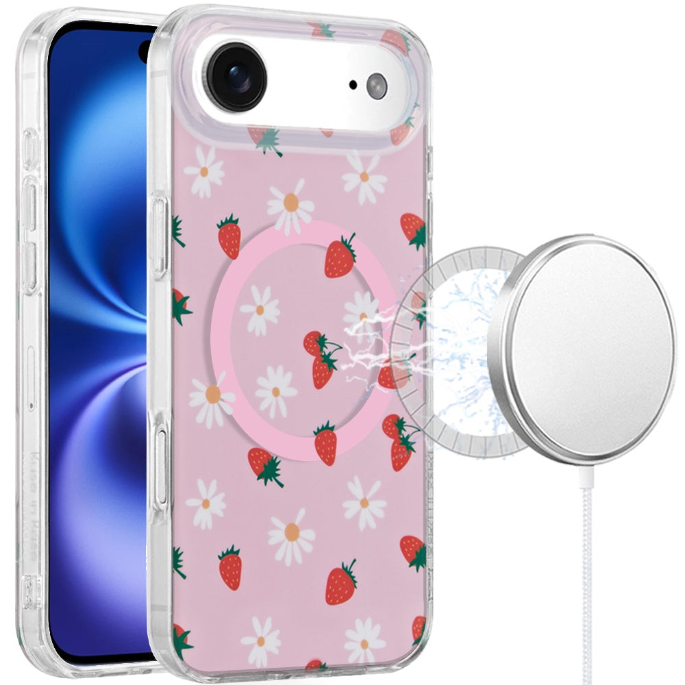 For Apple iPhone 17 Pro Max Stylish Pattern Fashion IMD Printed Design TPU Double Layer Slim Shockproof with Magnetic Back Case Cover Strawberry Daisy