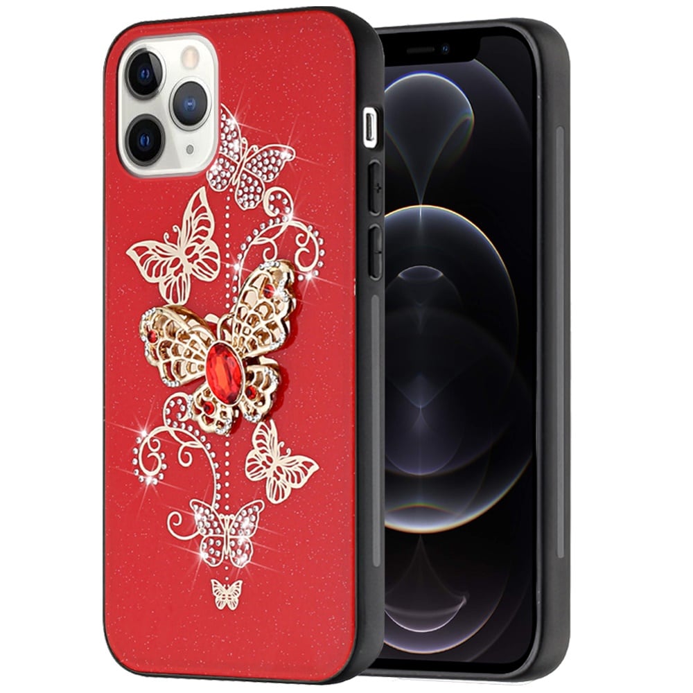 For Apple iPhone 12 Pro Max Diamonds 3D Butterfly Bling Sparkly Glitter Ornaments Engraving Hybrid Metal Fashion Case Cover Garden Butterflies Red