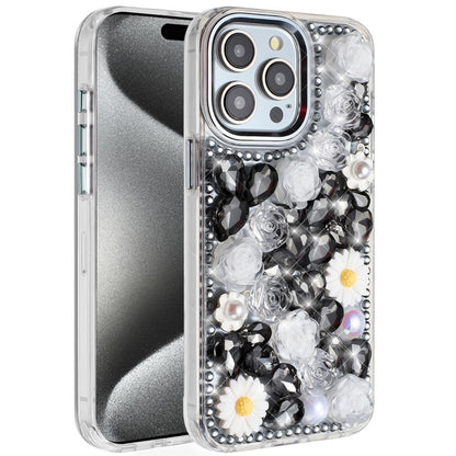 For Apple iPhone 15 Pro Max Fashion Daisy Floral Series, Full 3D Bling Crystal Diamonds Sparkling Rhinestone Glitter Hybrid Design Case Cover Black
