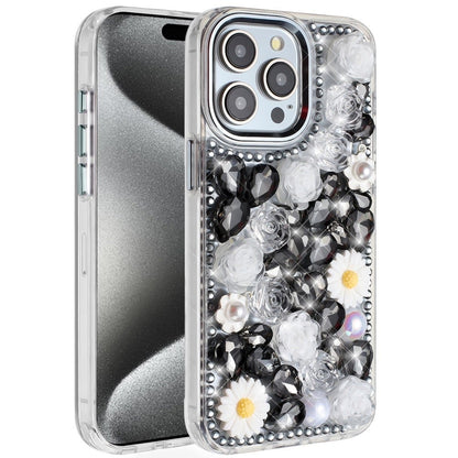 For Apple iPhone 15 Pro Max Fashion Daisy Floral Series, Full 3D Bling Crystal Diamonds Sparkling Rhinestone Glitter Hybrid Design Case Cover Gold