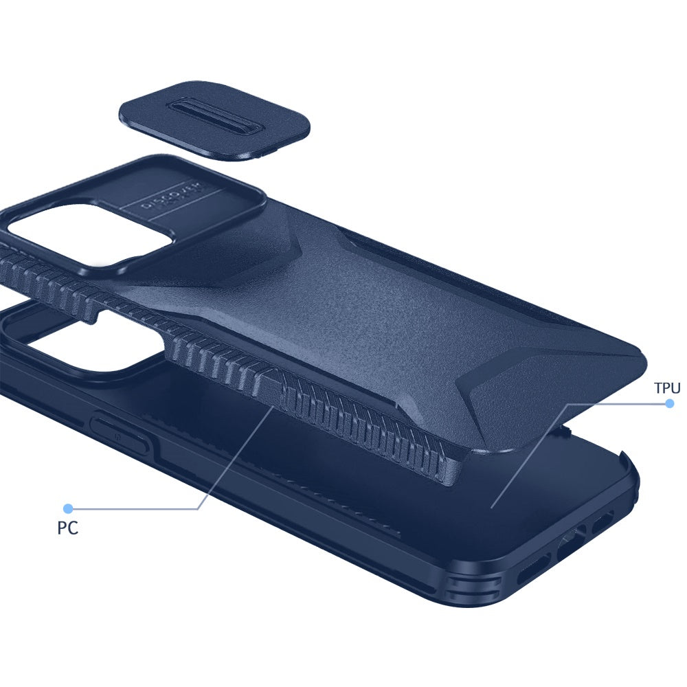 For Apple iPhone 11 Pro Max Slim Fit Shockproof Hybrid with Slide Camera Window Covering, Rugged Tpu Silicone Hard PC Bumper Case Cover Dark Blue