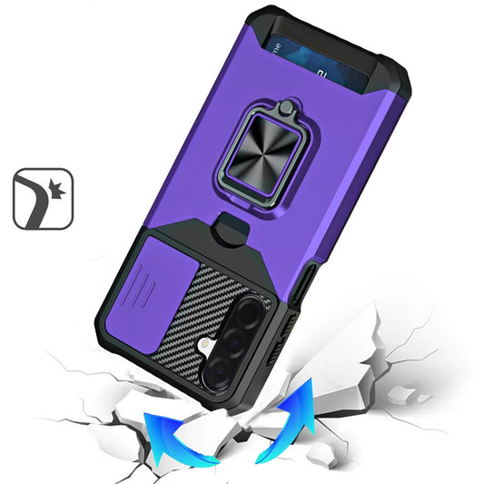 For Samsung Galaxy S25 Fan Edition /Galaxy S25 FE Wallet Case with Ring Stand & Slide Camera Cover Back Credit Card Slot Holder, Military Grade Case Cover Purple