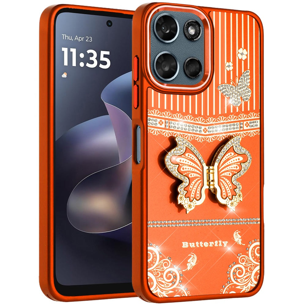 For Motorola Moto G 5G 2026/2025 Glitter 3D Butterfly Design Bling Metallic Edge Hybrid Stand Drop Protection TPU Shockproof Case Cover Cosmic Orange