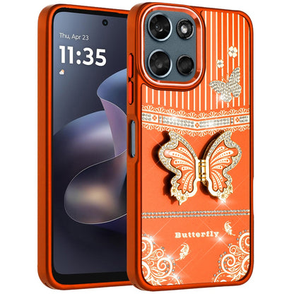 For Motorola Moto G 5G 2026/2025 Glitter 3D Butterfly Design Bling Metallic Edge Hybrid Stand Drop Protection TPU Shockproof Case Cover Cosmic Orange