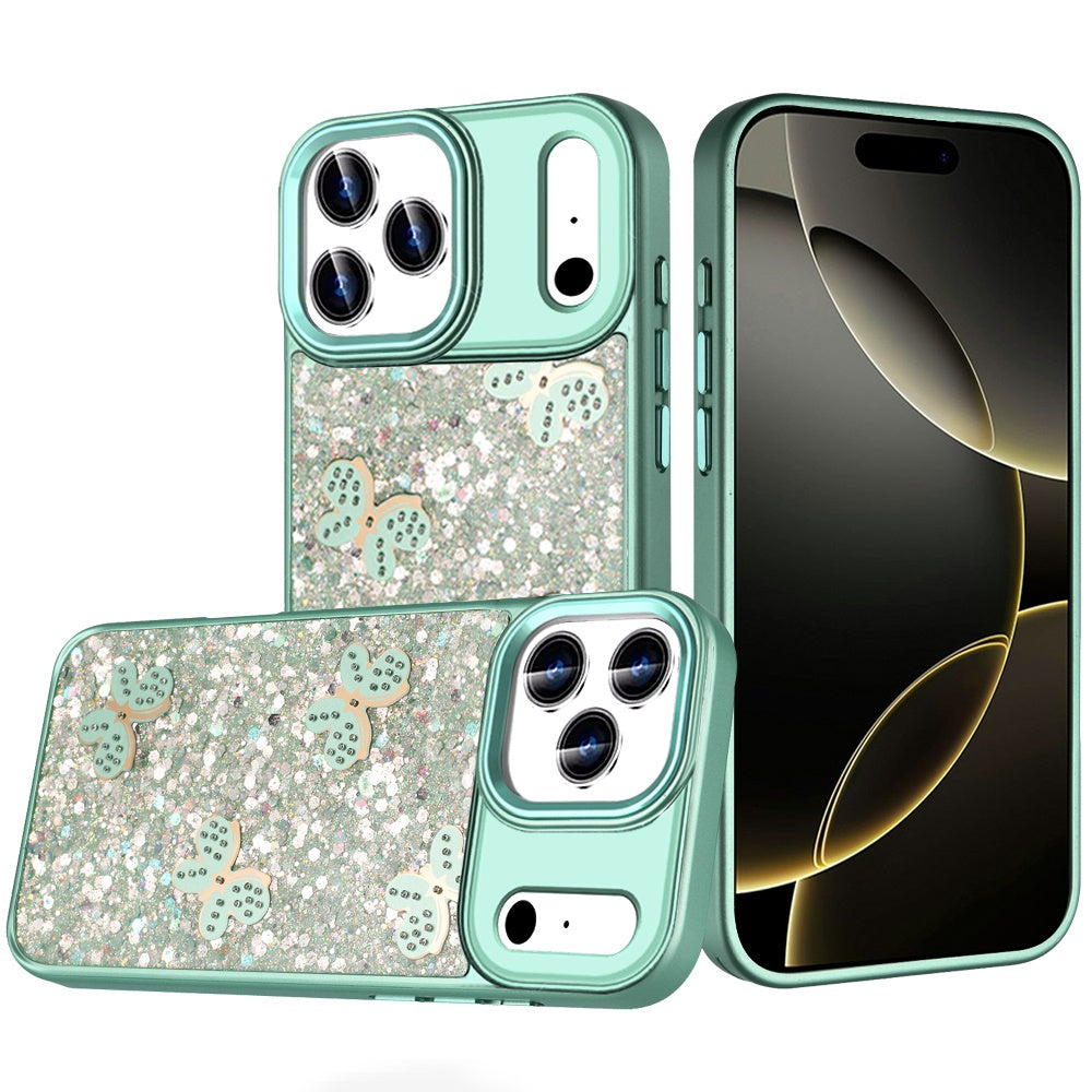 For Apple iPhone 17 Pro (6.3") Cute Butterfly Crystal Diamond Glitter Case Sparkle Bling Frame Metallic Edges, Shimmer TPU Hybrid Case Cover