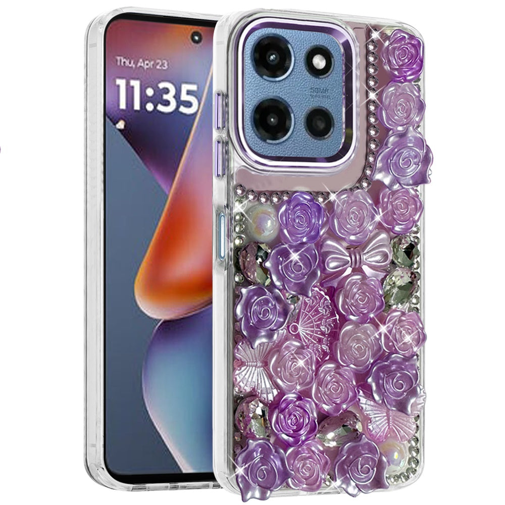 Phone Case for Motorola Moto G Play 5G 2026 3D Flower Bling Rhinestone Glitter Cute Stylish Shockproof Protective Decorative Luxury Grip Stones Ornaments Cover Purple