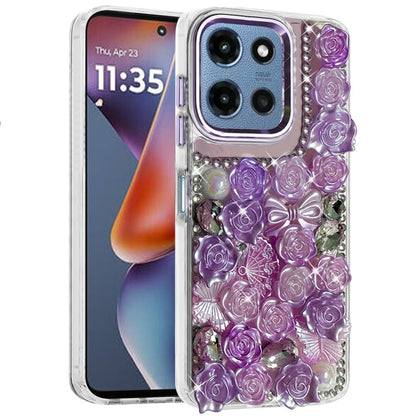 Phone Case for Motorola Moto G 5G 2026 / 2025 3D Flower Bling Rhinestone Glitter Cute Stylish Shockproof Protective Decorative Luxury Grip Stones Ornaments Cover Purple