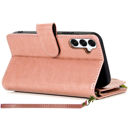 For Samsung Galaxy A16 5G PU Leather Zipper Wallet Case 9 Credit Card Slots Cash Money Pocket Clutch Pouch with Stand & Strap Case Cover Rose Gold