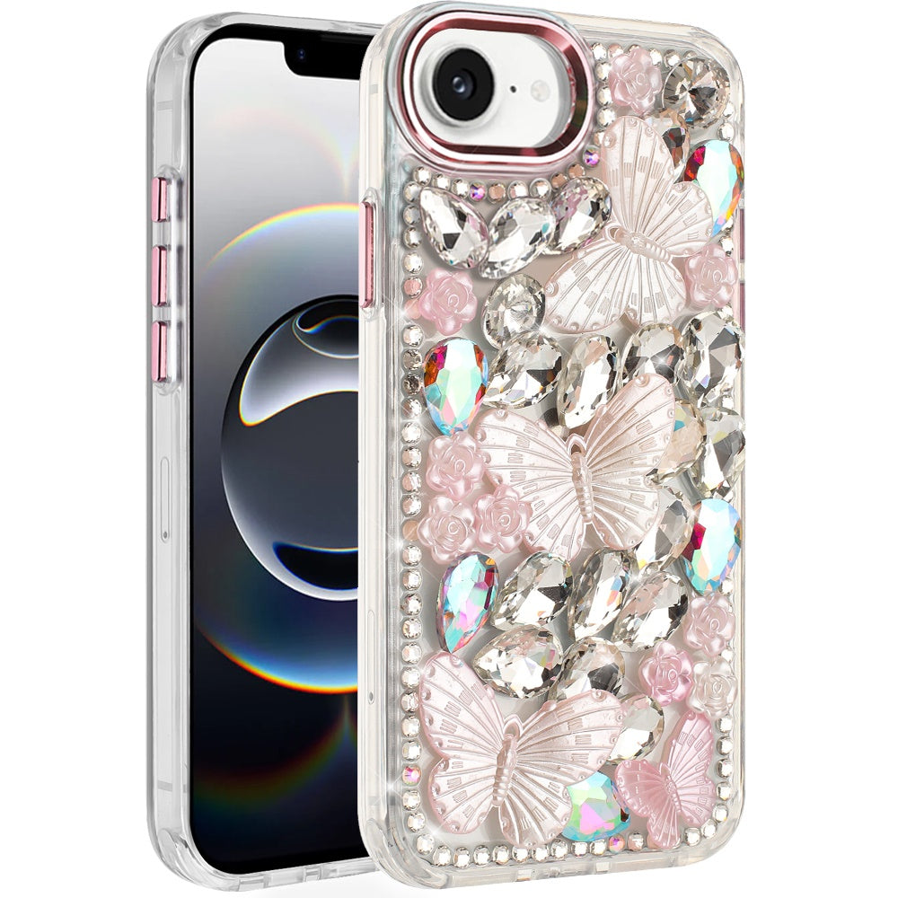 For Apple iPhone 16e 3D Diamond Floral Butterfly Bling Stone Hybrid, Sparkly Rhinestone Gemstone Back Shockproof Case Cover