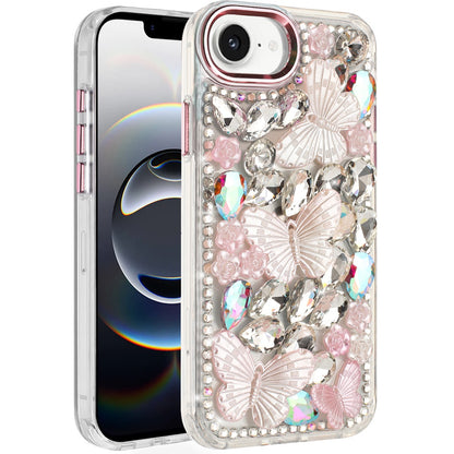 For Apple iPhone 16e 3D Diamond Floral Butterfly Bling Stone Hybrid, Sparkly Rhinestone Gemstone Back Shockproof Case Cover