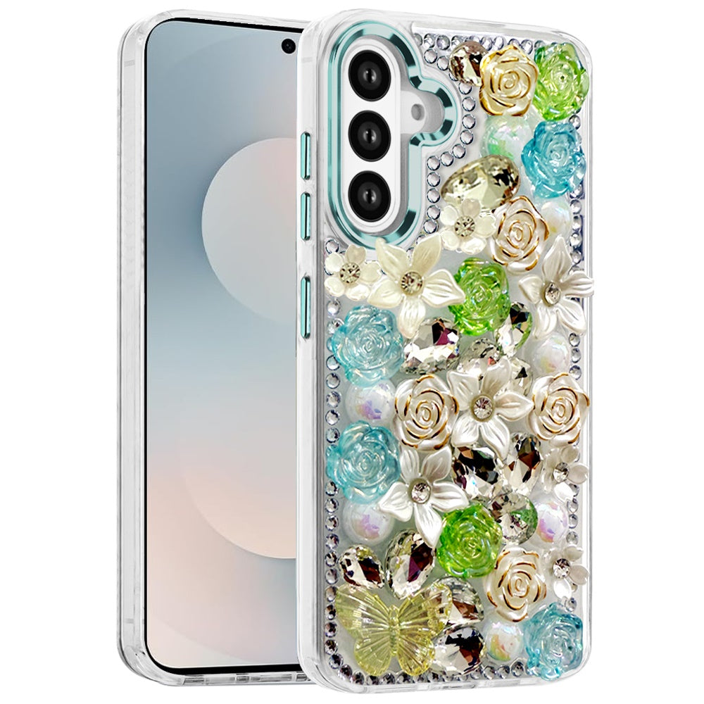 For Samsung Galaxy S25 FE, S25 Fan Edition 3D Diamond Floral Roses Flower Bling Stone Hybrid, Sparkly Rhinestone Gemstone Back Shockproof Case Cover Blue
