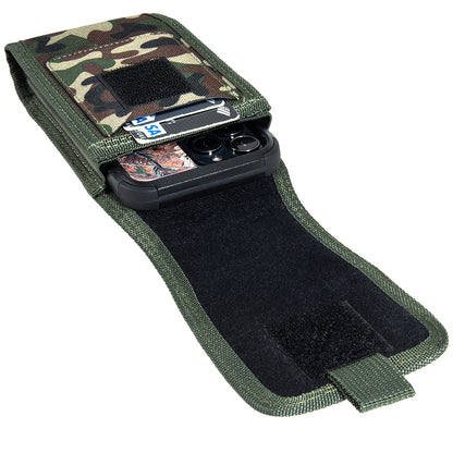 For Apple iPhone 16 Plus (6.7") Universal Vertical Pouch Case Camouflage Cell Phone Holster with Belt Clip Loop, Carabiner & Credit Card Slot Cover [Camo Green]