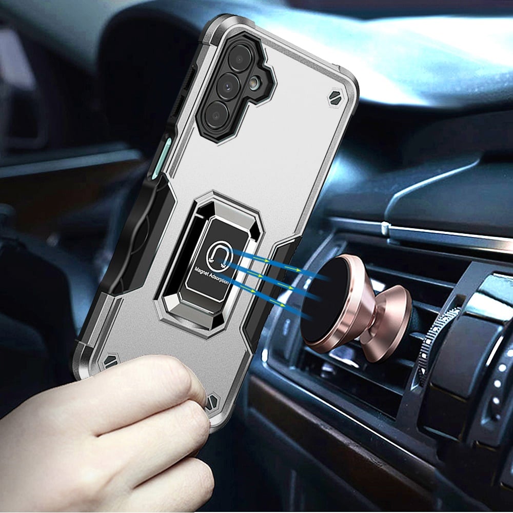 For Samsung Galaxy A16 5G Hybrid Stand Magnetic Ring Holder Kickstand Heavy Duty Rugged Drop Silicone & Hard PC Shockproof Case Cover Silver