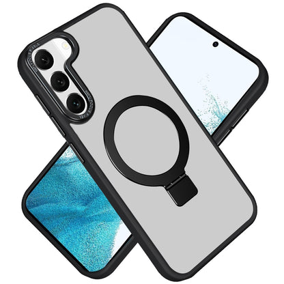 Phone Case for Samsung Galaxy S22 Metal Chrome Magnetic Circle Kickstand Shockproof Matching Camera Protector Durable Grip Hybrid Armor Cover Black