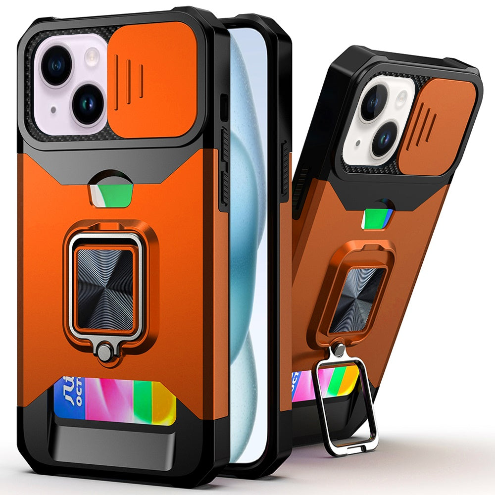 Phone Case for iPhone 15 (6.1") Card Holder Magnetic Ring Stand Shockproof Anti Slip Wallet Grip Protective Hybrid Design Cover Cosmic Orange
