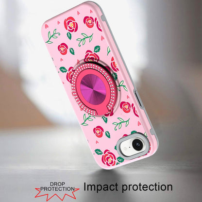 For Apple iPhone 16e Pattern Design Hybrid with Invisible Ring Stand & Magnetic Back, Shockproof Protective Grip Case Cover Red Roses