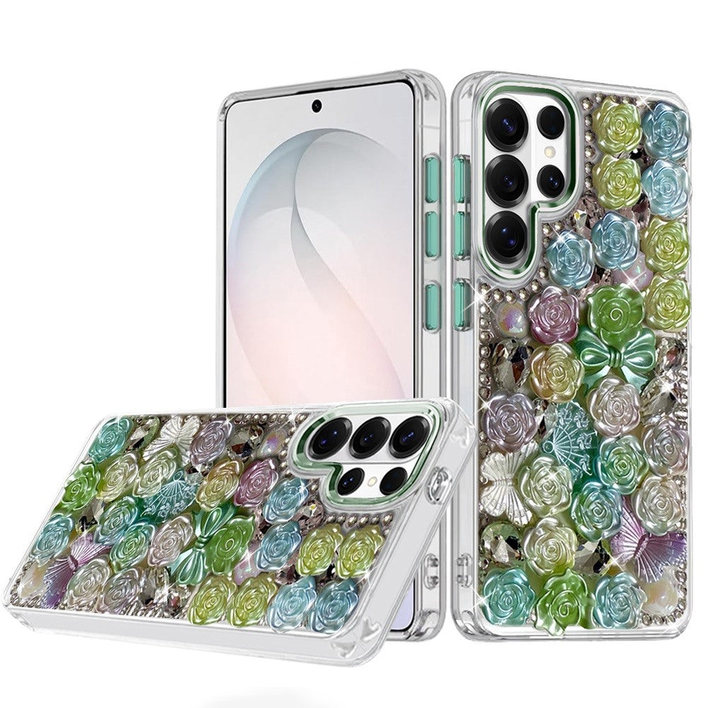 For Samsung Galaxy S26 Ultra Muti-Color Floral Fashion Bling Crystal 3D Full Diamonds Stones Sparkle Rhinestone Glitter Hybrid Case Cover