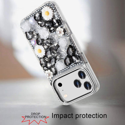 For Apple iPhone 17 Pro (6.3") Fashion Daisy Floral Series, Full 3D Bling Crystal Diamonds Sparkling Rhinestone Glitter Hybrid Design Case Cover