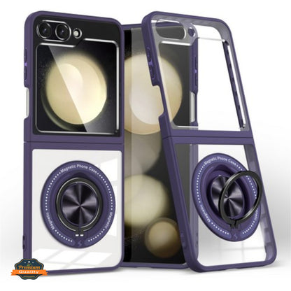 For Samsung Galaxy Z Flip 7 Clear Transparent Back Hybrid with Rotating Ring Stand, MagSafe Compatible Shockproof Slim TPU PC Case Cover