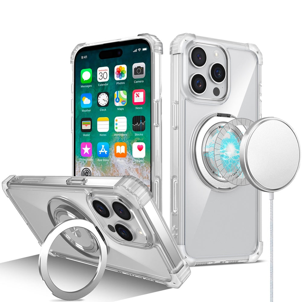For Apple iPhone 16 Plus (6.7") Magnetic [Compatible with Magsafe] with 360° Rotatable Ring Holder Invisible Stand Transparent Case Cover