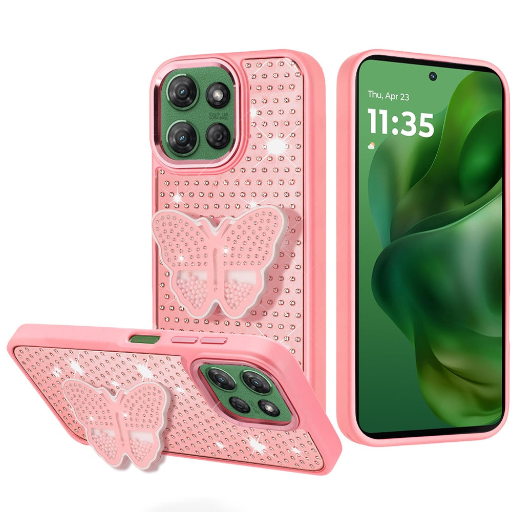 For Motorola Moto G Power 5G 2025 Butterfly Moveable Grip 3D Pop Stand Full Diamond Bling Sparkling TPU Fashion Hybrid Case Cover