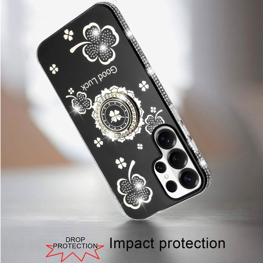 For Samsung Galaxy S26 Ultra Diamonds Bling All Around Edges Sparkly Glitter Hybrid with Ring Stand Holder Fashion Good Luck Case Cover