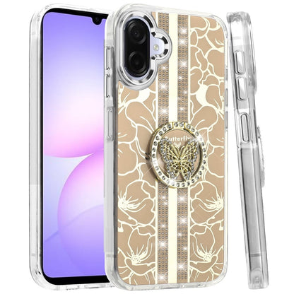 For Samsung Galaxy A07 Diamonds 3D Butterfly Floral Design Bling Sparkly Glitter Hybrid Metal Fashion with Ring Stand Case Cover